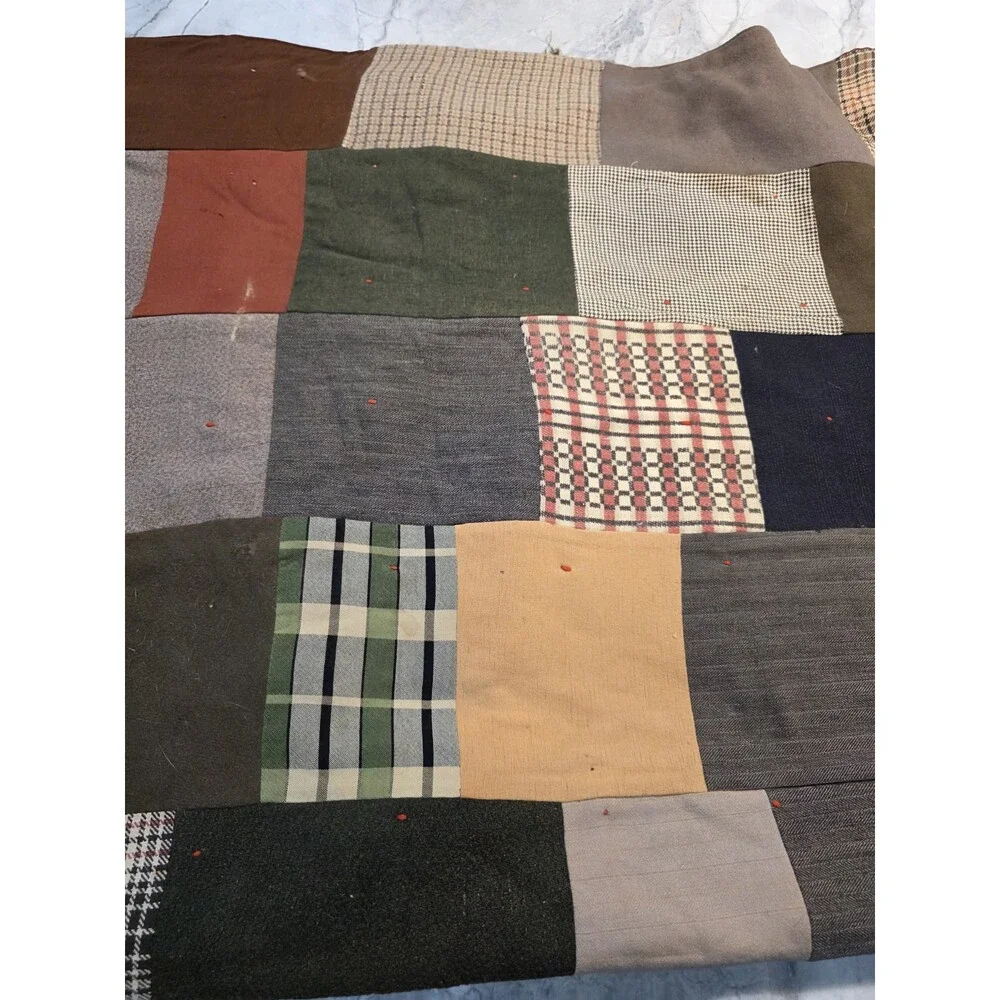 Vintage Handmade Wool Tied Patchwork Quilt 64x84 Plaid Houndstooth Suiting